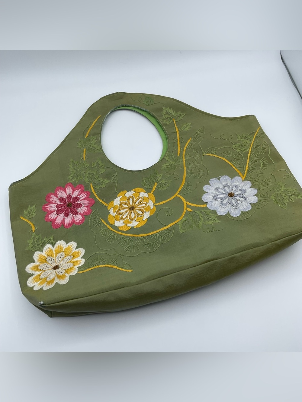 Embroidered Floral Green Handbag Purse Tote Bag Boho Canvas Shoulder Satchel
